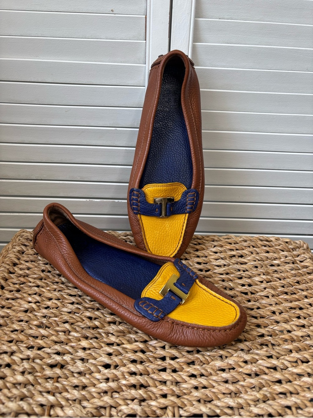 Tory Burch Tri Color Pebbled Leather Casey Driving Loafers 9.5